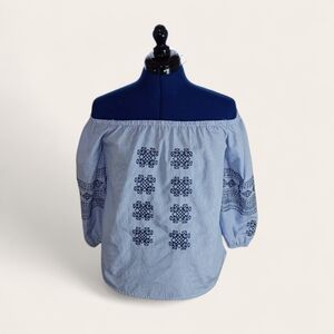 Striped Off-the-Shoulder Blouse with Embroidery